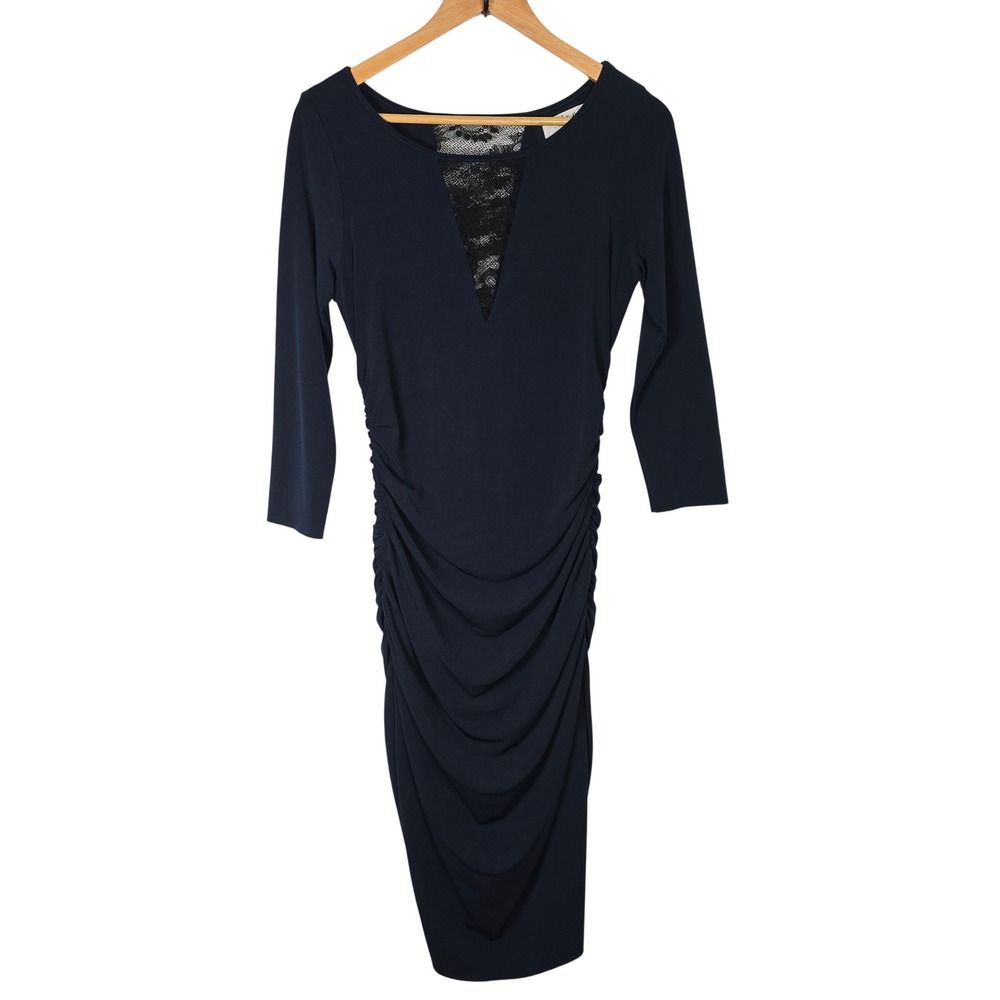Velvet by Graham & Spencer Navy Blue Ruched Lace Inset Midi Dress Womens Medium